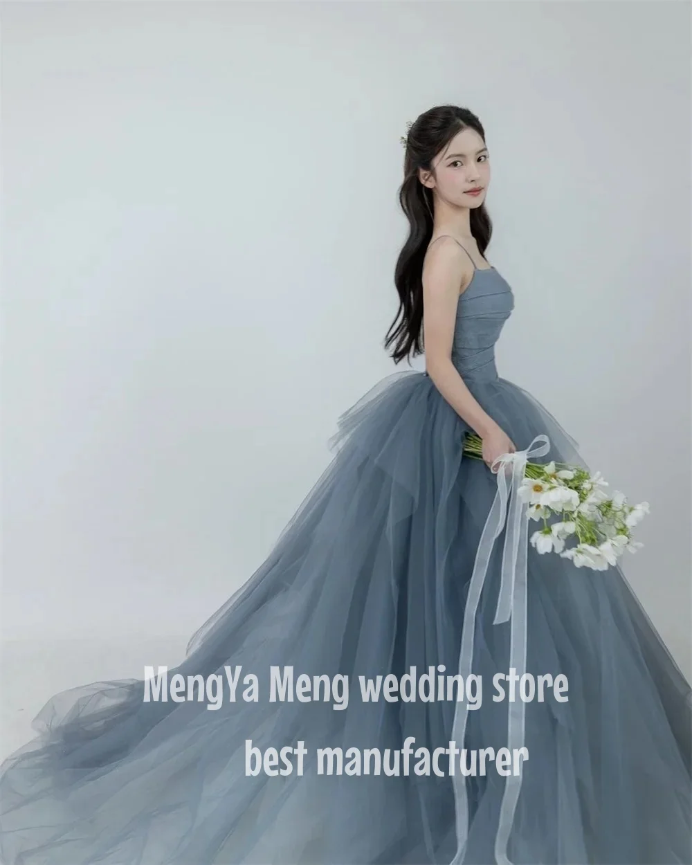 ZUHISHU Dusty Blue Korea A Line Evening Dresses Photo Shoot Ruffles Tiered Fairy Tulle Evening Gown Customised Corset Prom Dress