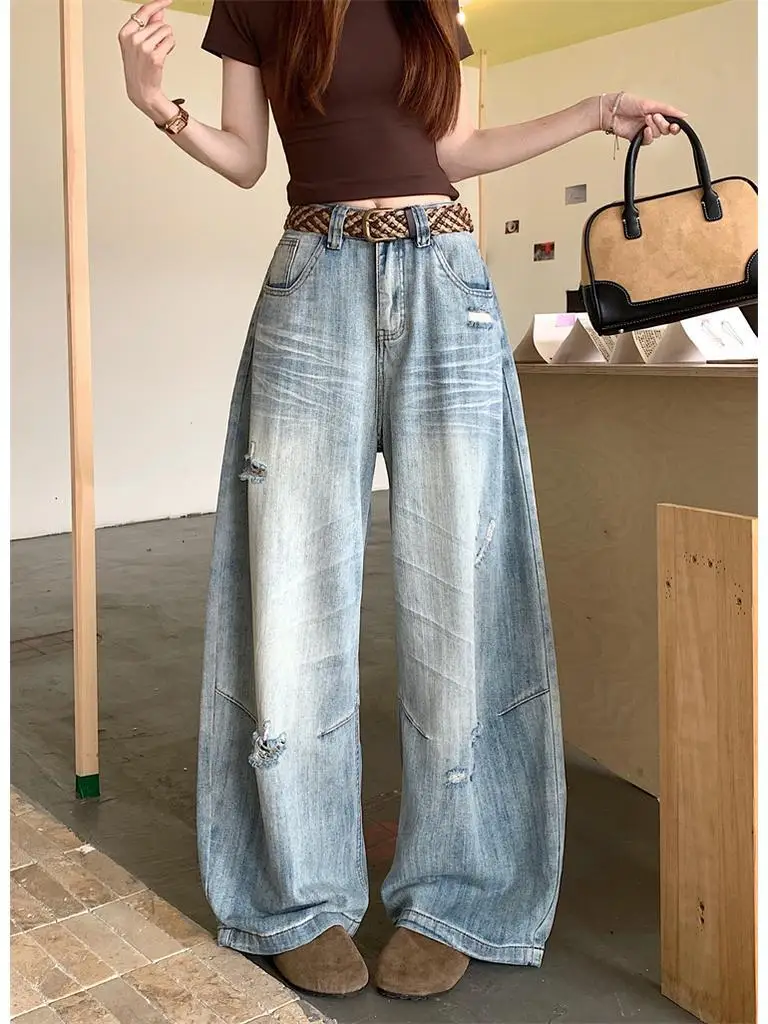 

American Style High Waist Wide Leg Jeans Women Summer New Loose Fit Straight Cut Long Pants Torn Hole Breathable Comfortable