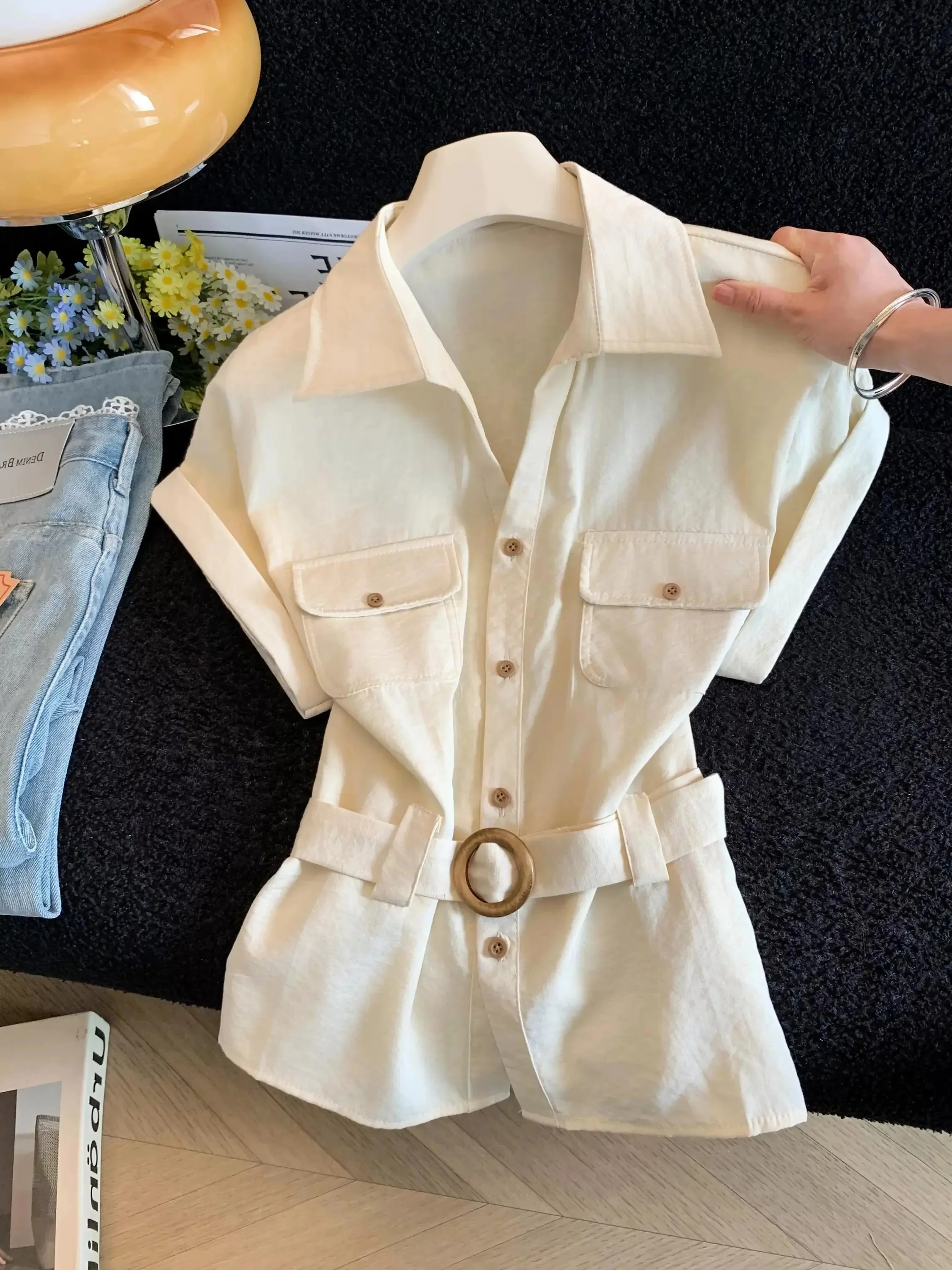 Slimming  Neck Short Sleeve Shirt Women's Premium Style Korean Commute Fashion Breathable Skin-Friendly Summer Top