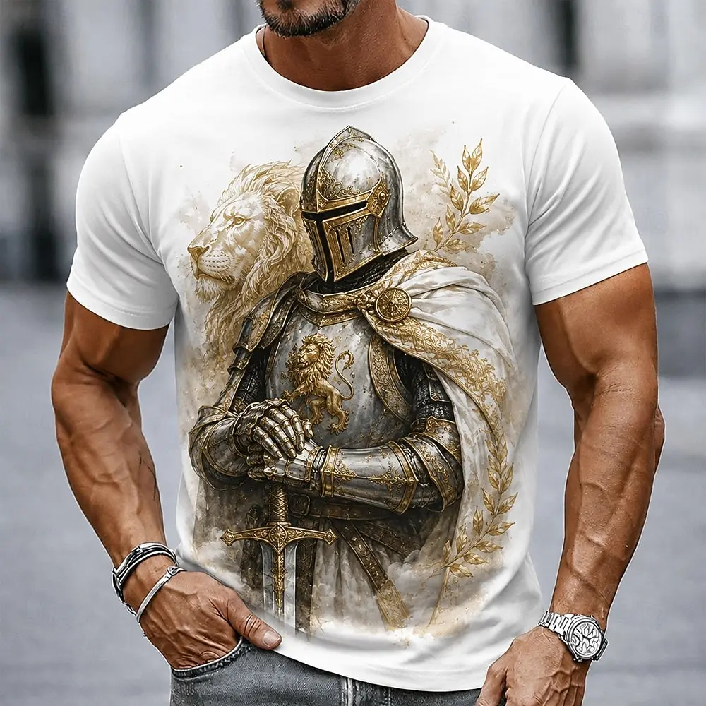 Herren Mittelalterliches Goldenes Ritter-Löwen-Adler-Schloss-Print T-Shirt Vintage Kreuzritter-Krieger Grafik Rundhals Kurzarm-Shirt – Detail 2