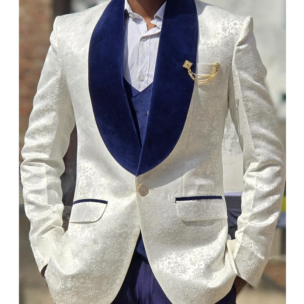 

Мужской жаккардовый костюм, модный бархатный костюм с шалью и лацканами на одной пуговице, наряд из трех предметов, индивидуальный формальный смокинг для свадебной вечеринки