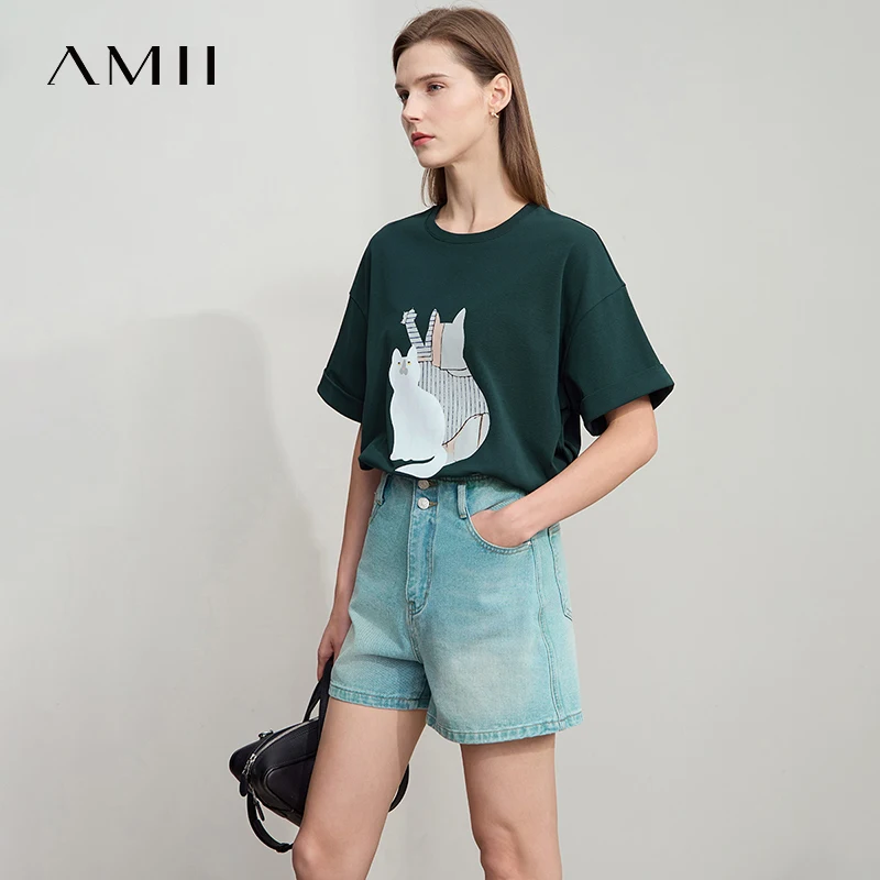 Amii Topสําหรับผู้หญิงMinimalist 2025 ฤดูร้อนสไตล์ใหม่สบายๆO-คอพิมพ์เปิดหลวมผ้าฝ้ายยืดเสื้อยืด 12522144