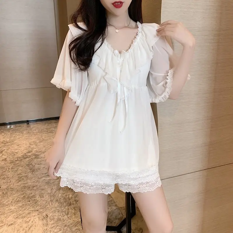 QWEEK Sweet Women White Suits with Shorts Nightwear Basic V-neck Summer Girls Home Clothes Nightie Pajamas for Femme