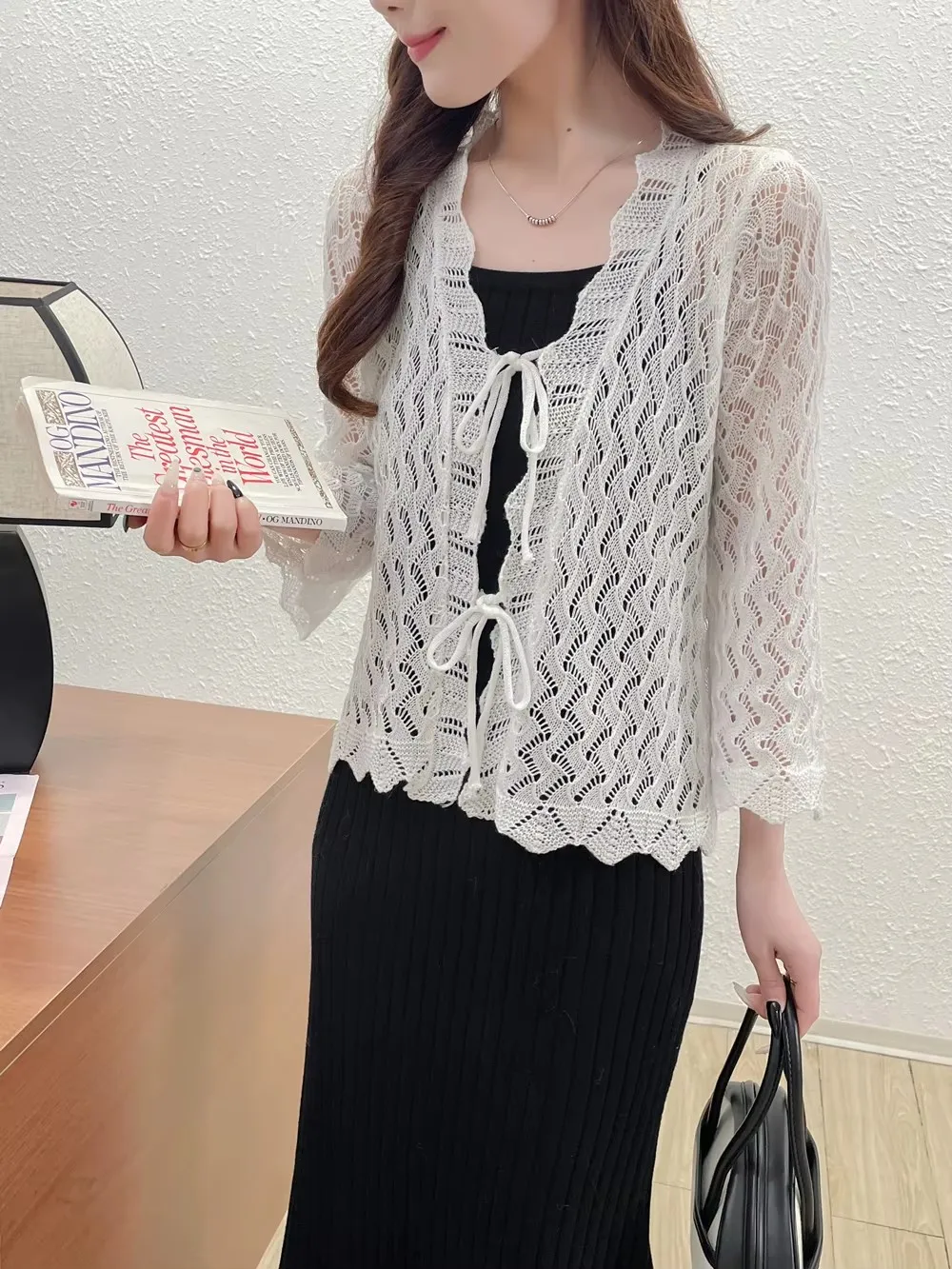 나비 넥타이 크로 셰 뜨개질 탑 여성 Pointelle 니트 플레어 슬리브 Sheer Openwork 카디건 자켓 봄 여름 Boho Vacation Beach Outfit