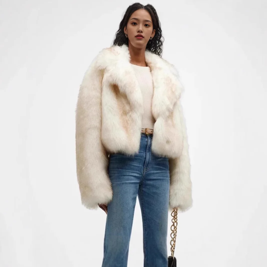 KIDCRKJ 女性の冬のミンクの毛皮のジャケットグラデーションふわふわ襟人工毛皮のコート女性のための防風ショート暖かい女性の毛皮のコート