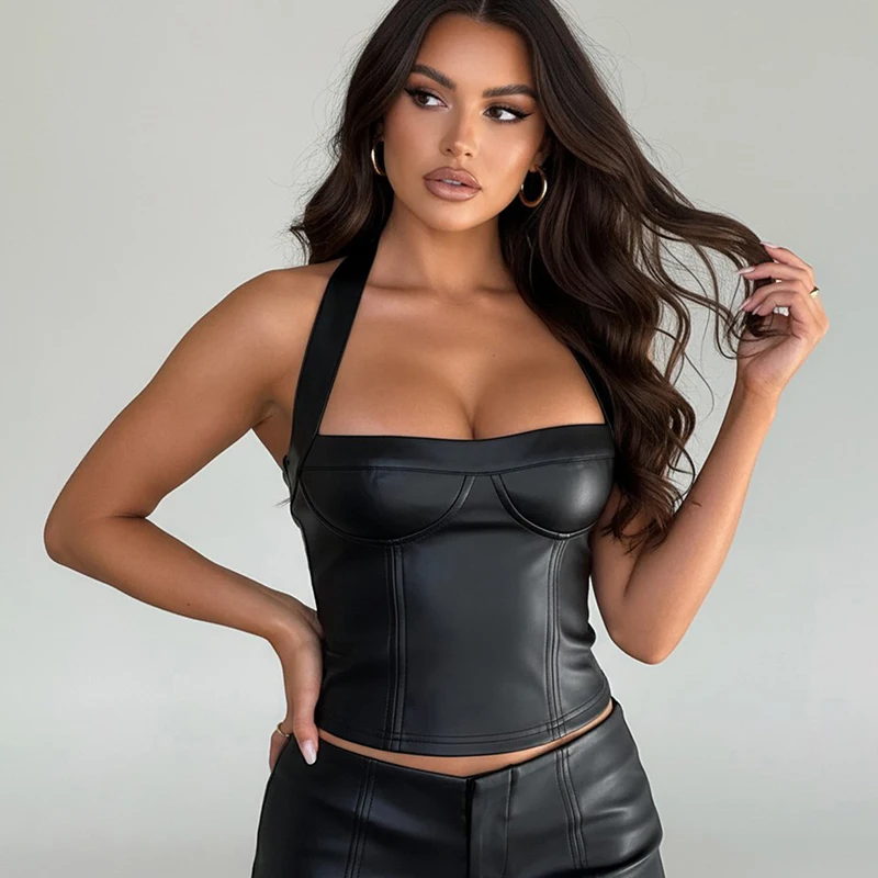 

Sexy Pu Leather Halter Tops Slim-Fitting Basic Solid Sleeveless Cropped Tank Tops Women 2025 Summer Fashion Streetwear Ladies
