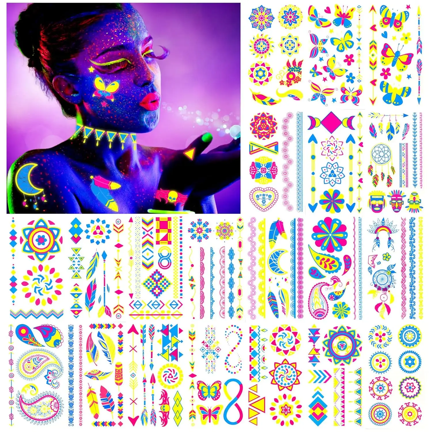 Neon UV Fluorescent Temporary Tattoo, Waterproof Luminous Fake Tattoo Bar KTV Nightclub Makeup Ball Designs For Punk Parties