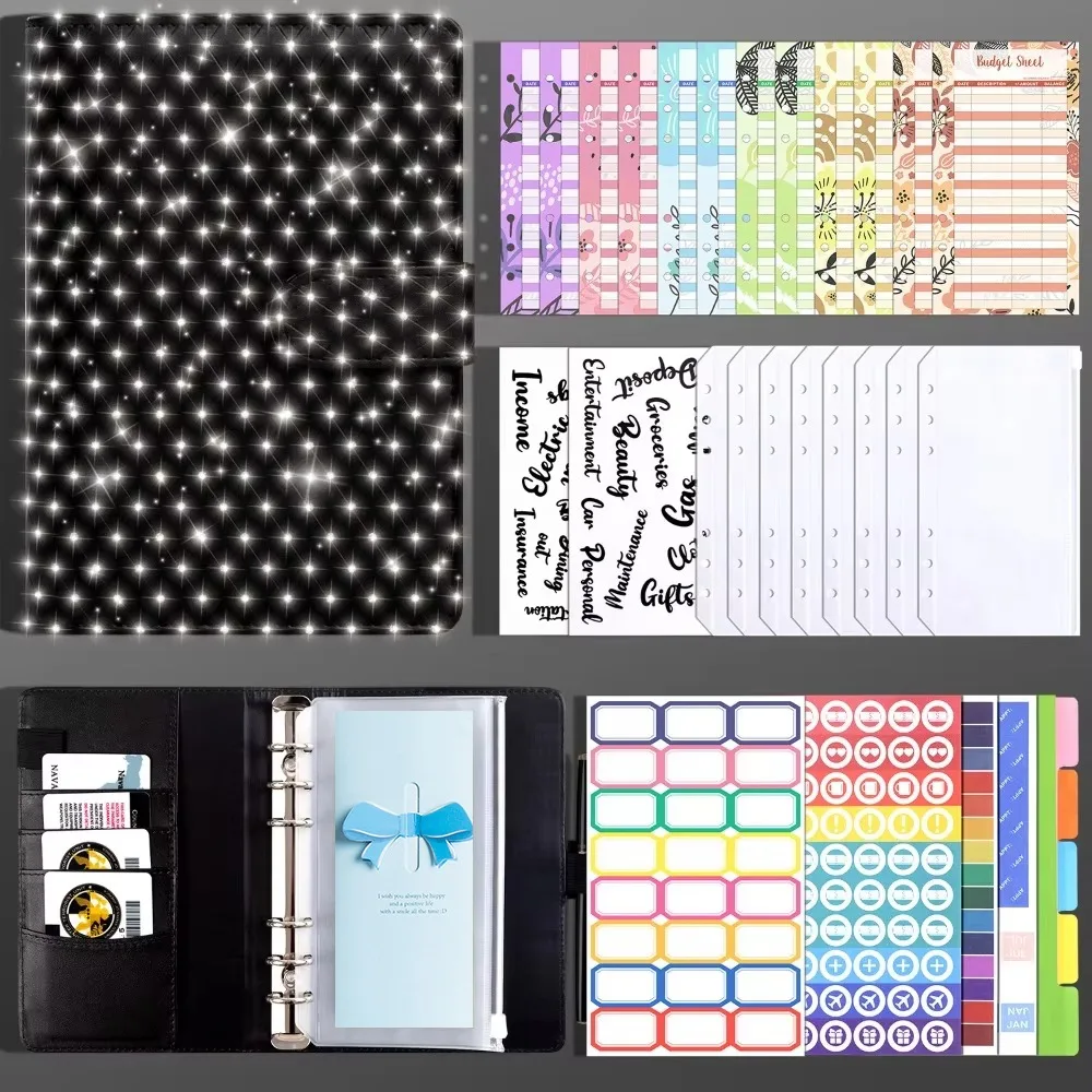 Rainstone Patterned Cover Money Saving Binder Compact 6-Ring Mini Budget Binder A6 Waterproof Envelope Savings Challenge