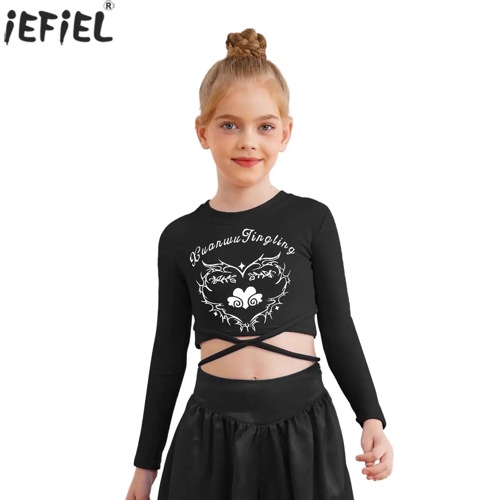 Girls Hip-Hop Jazz Dance Crop Top Lace-up Letter Heart Printed Long Sleeve Scooter T-shirt Street Dancing Performance Costume