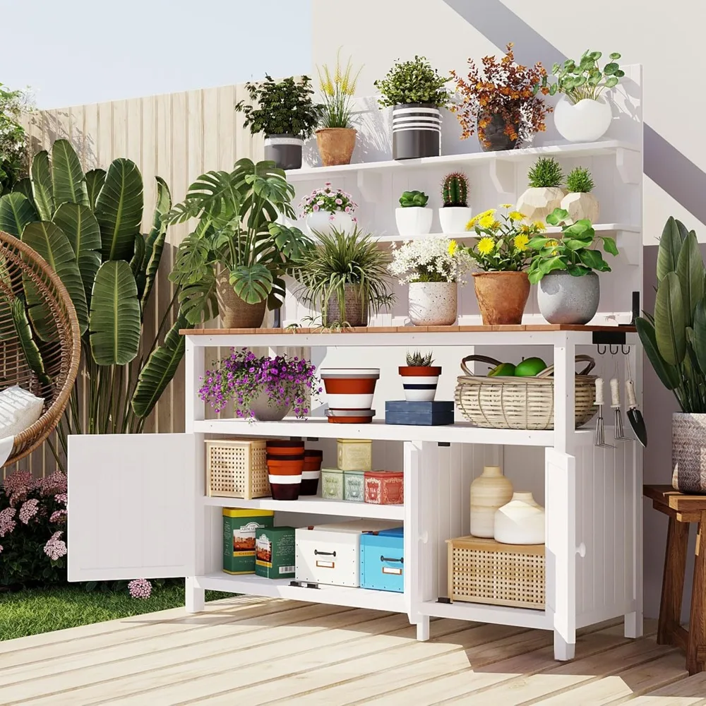 

Potting Bench Table with Hutch, 50.2" Solid Fir Wood Garden Workstation, Large Countertop, 2 Shelves, 2 Cabinets, 3 Side Hooks,
