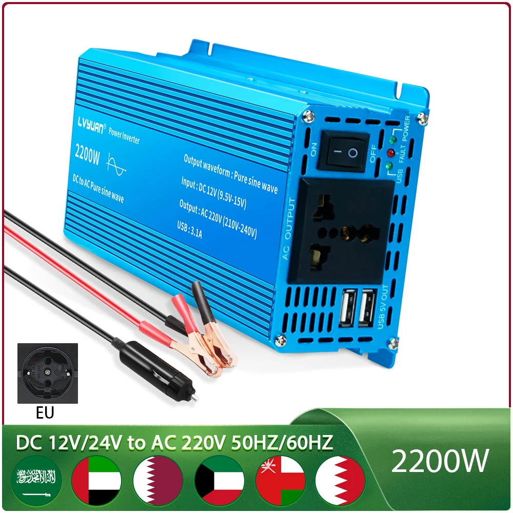 

Pure Sine Wave Inverter 2200W DC 12V/24V to AC 220V 50hz 60hz Power Inverter Charger Converter Adapter EU UN Socket