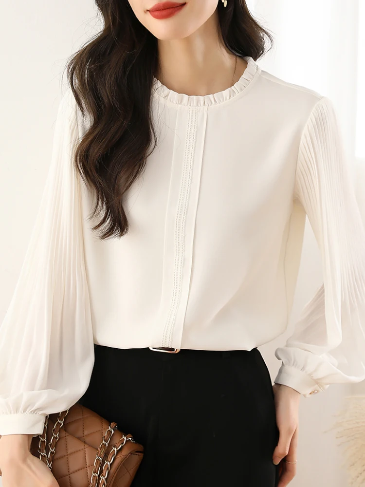New Fashion Women Clothing Chic Folds Puff Sleeves White Blouses Elegant Ruffles Collar Chiffon Shirt Office Ladies Tops Chemise