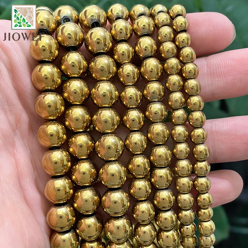 Gładkie złote koraliki hematytowe kamień naturalny okrągłe luźne koraliki do tworzenia biżuterii DIY akcesoria naszyjnikowe 2/3/4/6/8/10mm 15"
