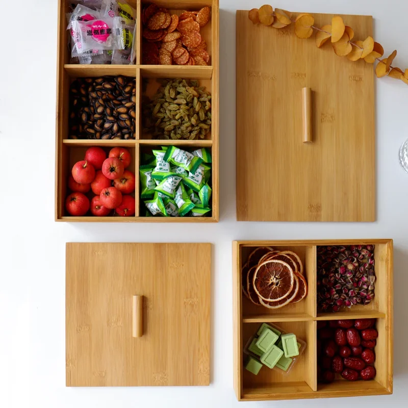Square Rectangle Wooden Dried Fruit Box Nut Snack Boxes Storage with Lid Snacks Tray Candy Container Organizer