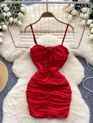 Foamlina Sexy Solid Spaghetti Strap Mesh Bodycon Dress Women Summer Chic V Neck Sleeveless Backless Slim Ruched Night Club Dress