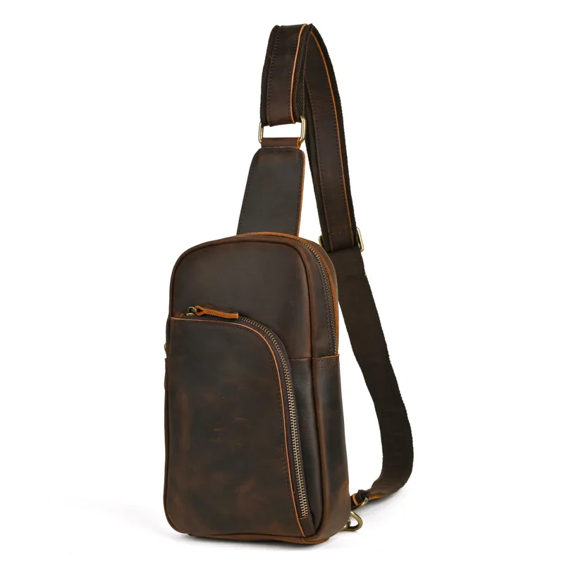 

Нагрудная сумка из воловьей кожи, мужские винтажные коричневые сумки на ремне из натуральной кожи с несколькими карманами на молнии и регулируемым ремешком, телефонные пакеты