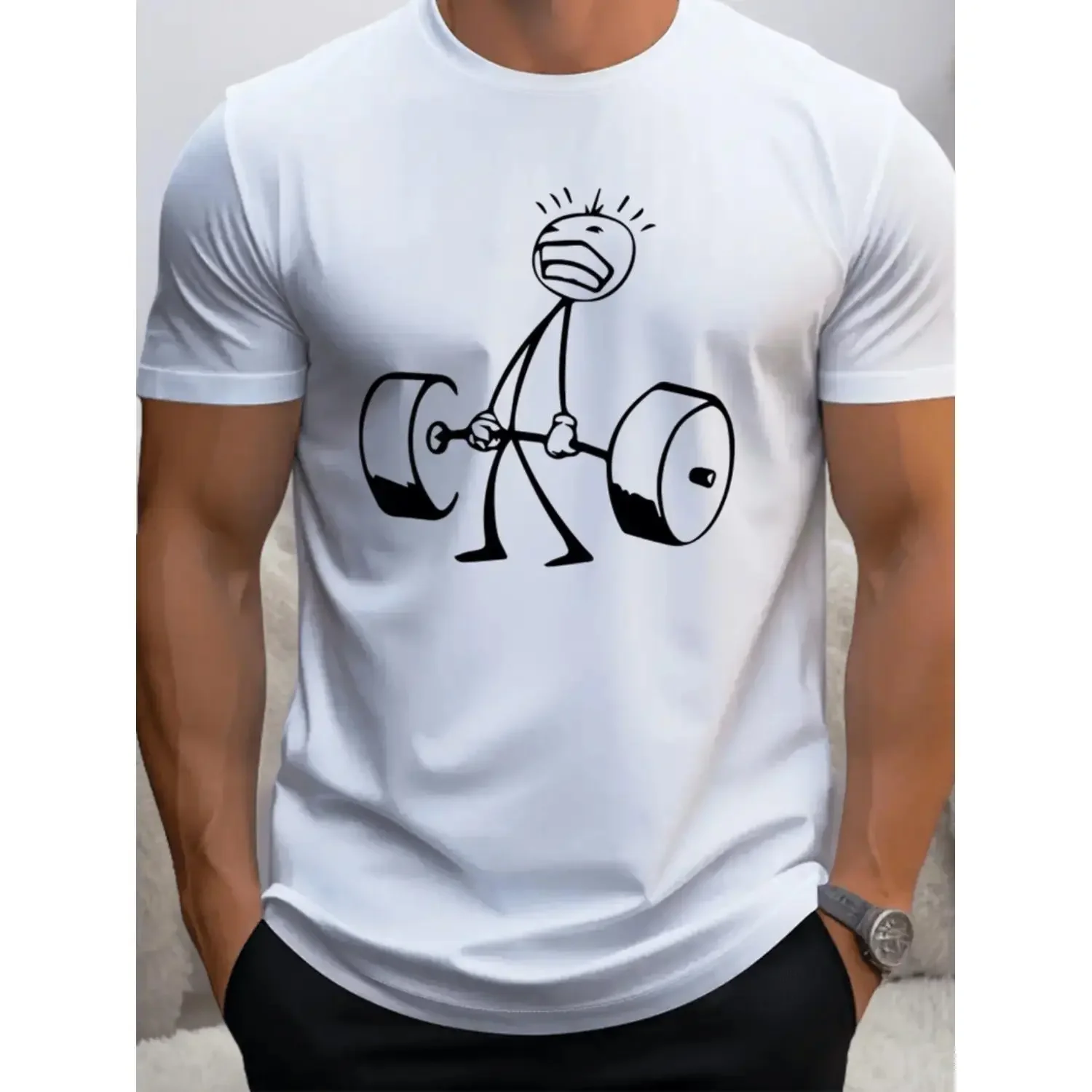 Men's Classic Oversized Relaxed Fit Weightlifting T-Shirt - Crew Neck Short Sleeve Tops, Breathable Durable Fabric, Dumbbell Graphic, Summer Gym & Casual Leisurewear, Shortsleeve, Round Neck