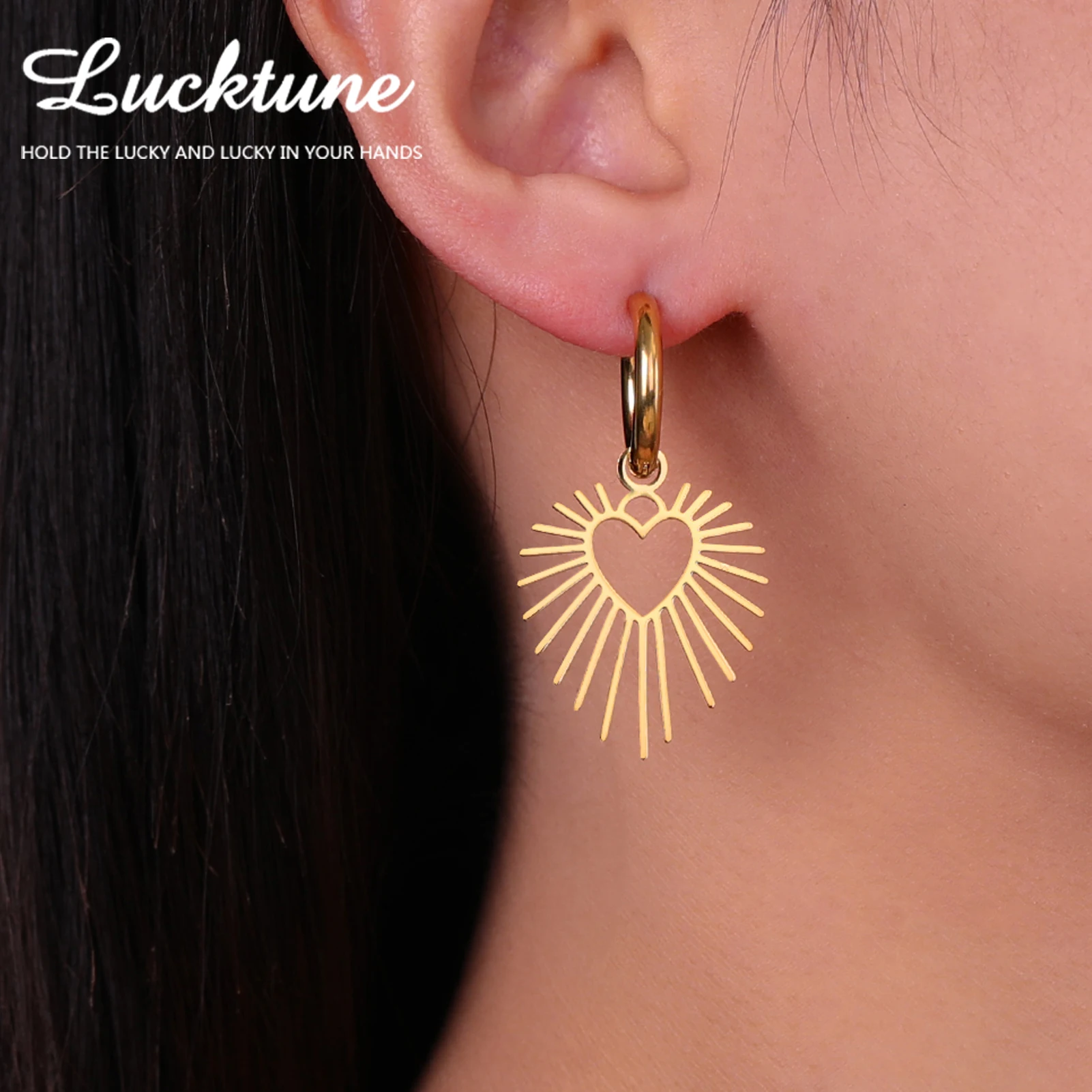 Lucktune Love Heart Sun Dangle Earrings Stainless Steel Hollow Geometric Drop Hoop Earrings for Women Fashion Jewelry Party Gift