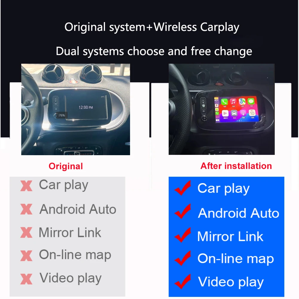 STLFOriginal Screen Upgrade Wireless ApplesCarPlay for MercedessBenz Smart Android Auto Mirror Link AirPlay Radio Navigation