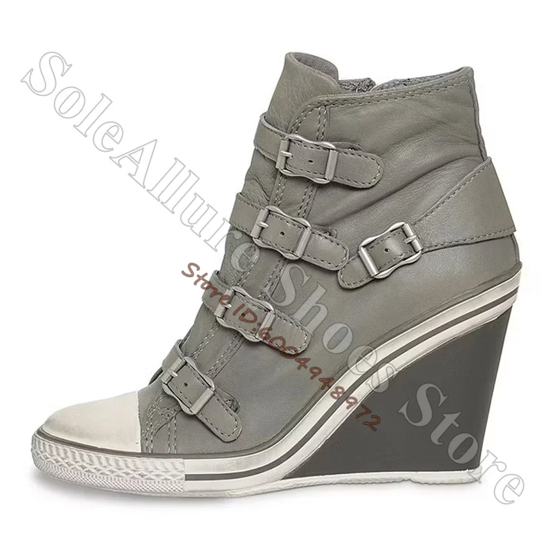 Grey Multi Buckle High Top Wedge Sneakers Vintage Toe Cap Hidden Wedge Heel Retro Street Daily Casual Walking Shoes - view 5
