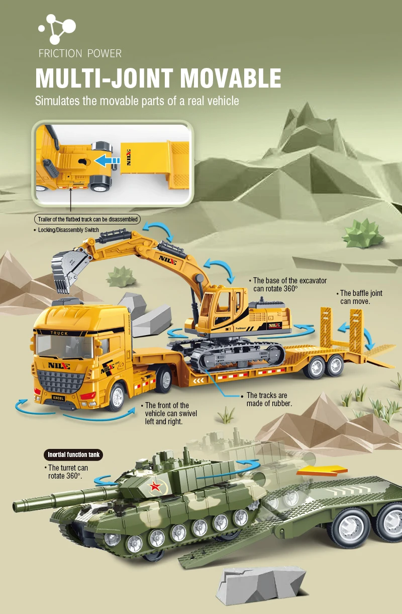 Semi-Träger-Container-LKW aus Druckguss mit Trägheitsantrieb – Technik-Spielzeug für Jungen: Traktor, Bagger, Bulldozer – Kinderfahrzeugmodell – Detail 8