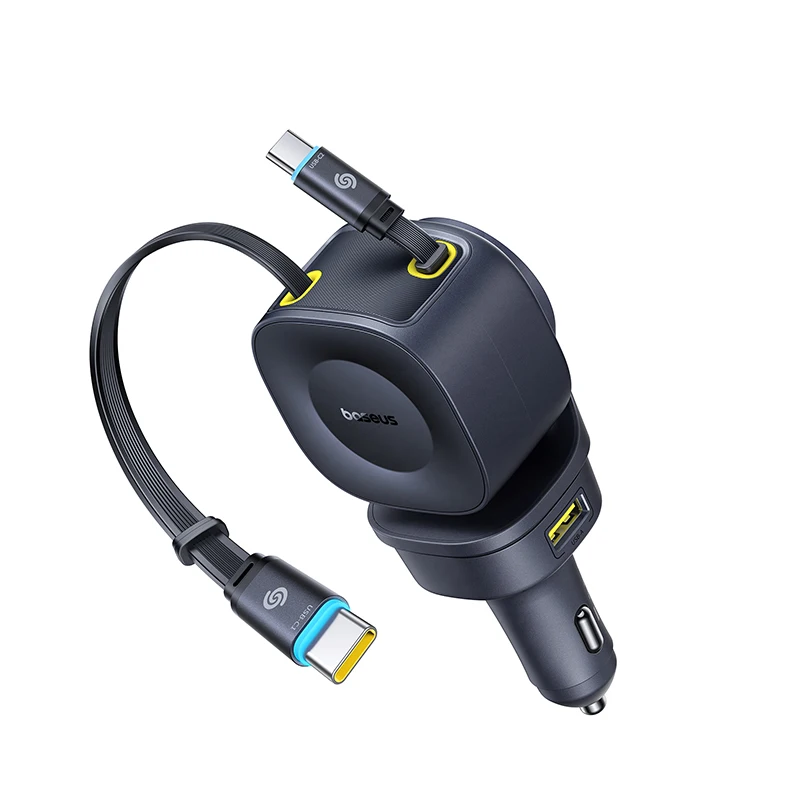 Baseus Autoladegerät, 60 W, 100 W, 30 W, 240 W, 4 Anschlüsse, integriertes Dual-Einziehkabel, PD-Schnellladung, USB-Typ-C-Autotelefon-Ladegerät
