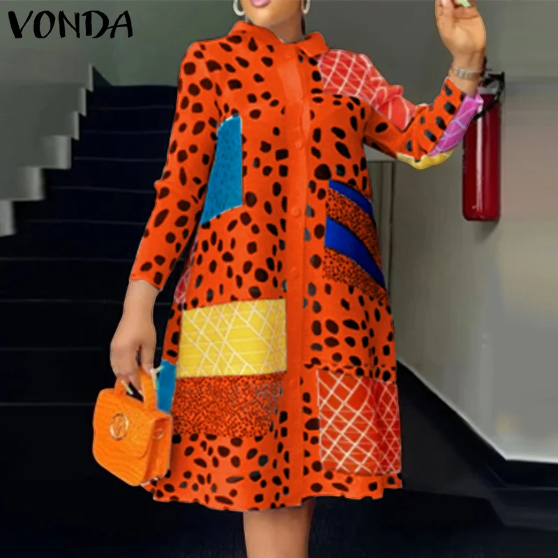 

Плюс размер 5XL VONDA женское богемное платье модный сарафан с длинным рукавом и леопардовым принтом на пуговицах длиной до колена оверсайз Vestidos