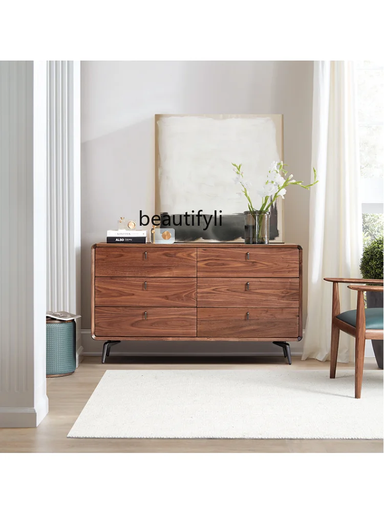 Nordic Solid Wood Chest of Drawers Black Walnut Wooden Cabinet Modern Light Luxury Simple Living Room Storage Entrance Cabinet