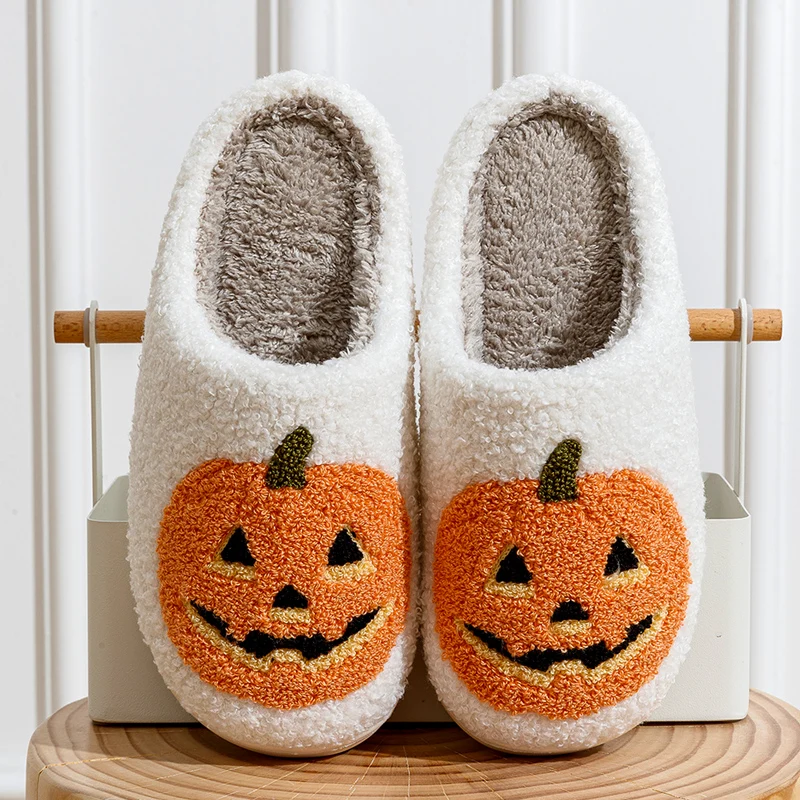SHAJI Classic Pumpkin Halloween Plush Cotton Slippers Unisex Autumn Winter Warm TPR Sole Non‑slip Indoor Home Slippers