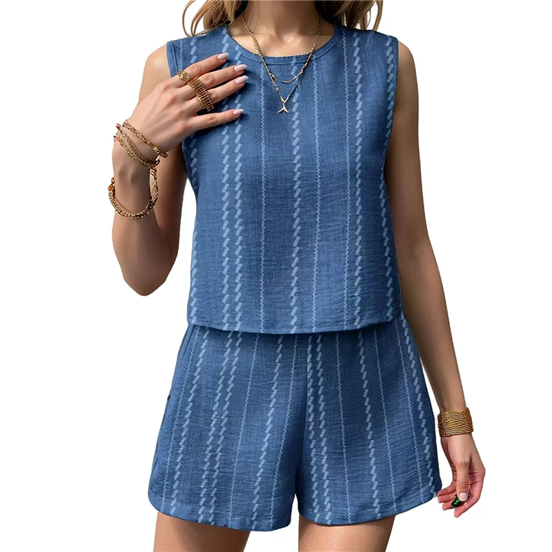 

NEW-Women's Summer 2 Piece Outfits Geo Striped Crewneck Tank And Shorts Going Out Set
