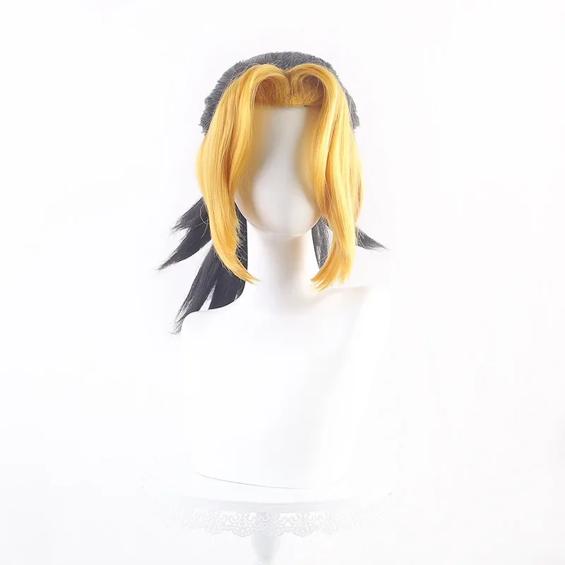 Demon Slayer Makio Cosplay Wig Black Yellow Synthetic Short Curly Wig Anime Coser Cute Girl High Quality Wig Daily Party