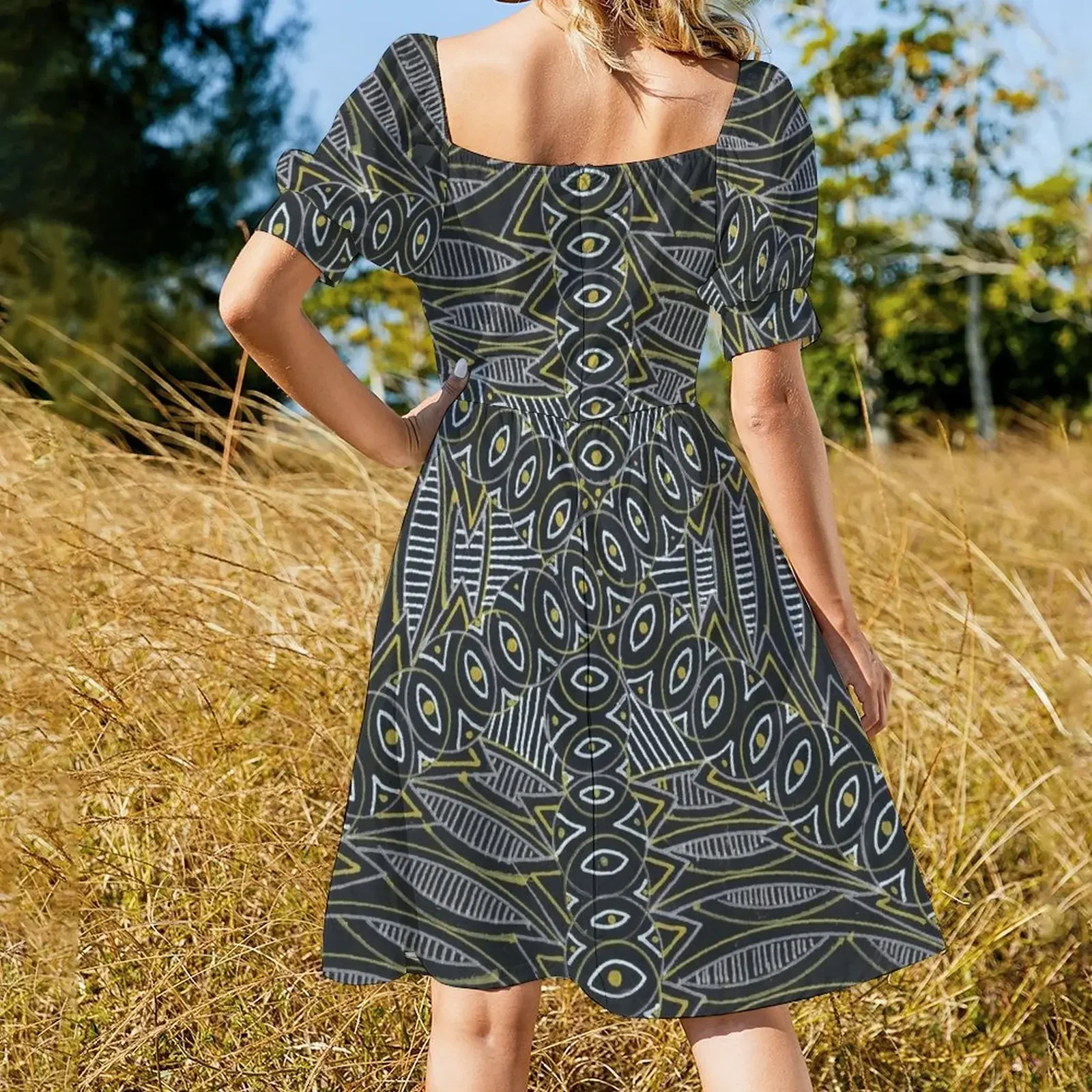 Gouden ovale jurk met korte mouwen Cocktail van jurken Zomerrok Avondjurk