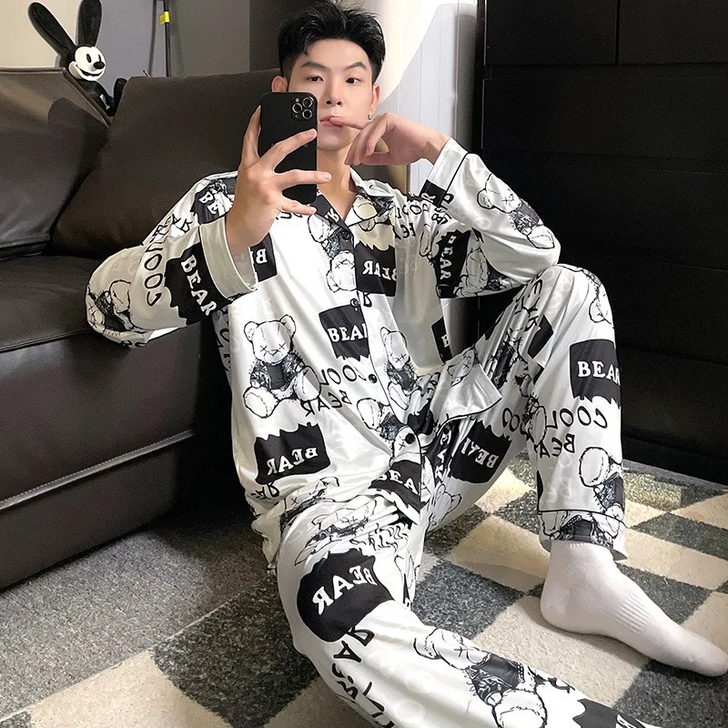 Large Size Men Pajamas Set Korean Version of Pajamas Student Loungewear Cartoon Bear Simple Sleepwear Homewear Tops and Pants