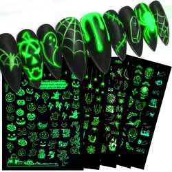 5pcs Halloween Glowing Nail Stickers Pumpkin Ghost Spider Skull Design Luminous Adhesive Slider Decals Festival Party Nail Decor