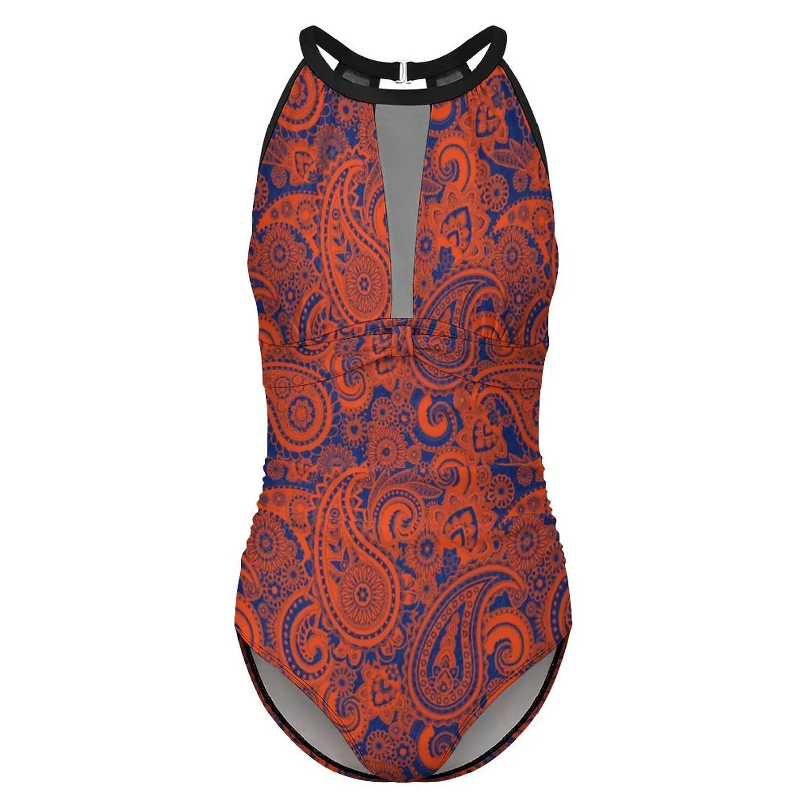 Maillot de bain une pièce imprimé cachemire, bleu et orange, push up, fitness, monokini, batterie, sexy, vêtements de plage, grande taille