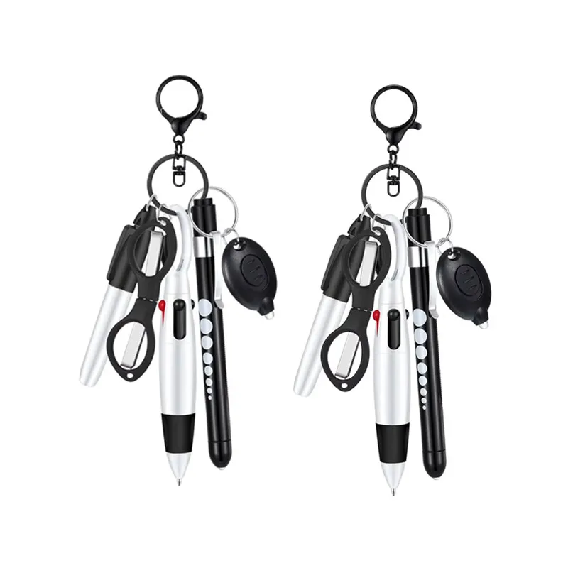 2PCS Keychain Pen Sets 6-in-1 with Flashlight Scissors Ballpoint Pen / maker pen / Oral spotlight