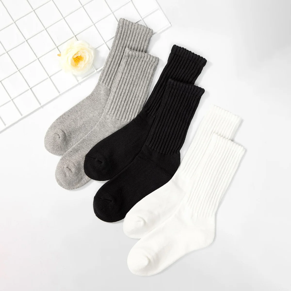 1/3 Paar Slouch-Stricksocken für Damen, einfache einfarbige Slouchy-Crew-Socken, bequeme, atmungsaktive Scrunch-Socken