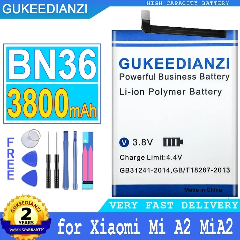 Bateria GUKEEDIANZI 3800mAh BN36 para Xiaomi Mi 6X Mi6X Mi A2 MiA2 Bateria de grande potência