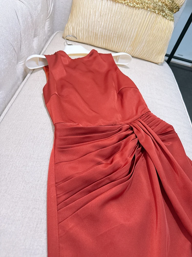 Vestido de Novia Rojo E Estilo Señorita Rica Traje de Cromiso Cintura Alta Tela de Satén Suave Sin Mangas Falda Lar...