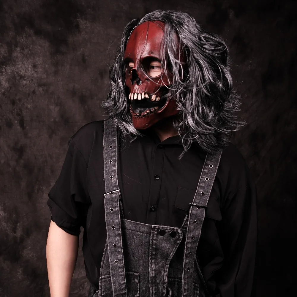 

Realistic Full Head Red Skull Mask with Wig for Halloween Cosplay Creepy Zombie Latex Mask Scary Carnival Party Costume Props