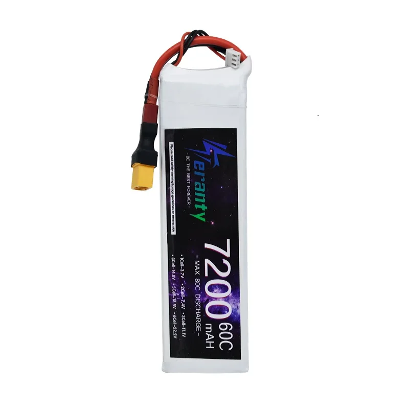 Teranty แบตเตอรี่ลิเธียม7.4V 2S 7200mAh 60C Lipo สำหรับรถแข่งของเล่น RC รุ่นเรือโดรนเครื่องบิน FPV พร้อมขั้วต่อ XT60