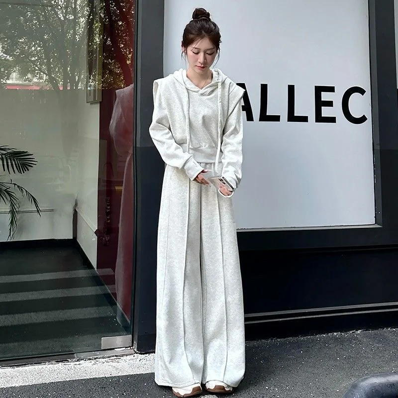 Autumn and winter high-end fashion women's casual suit American retro two-piece set hooded fake two-piece hoodie+flared pants