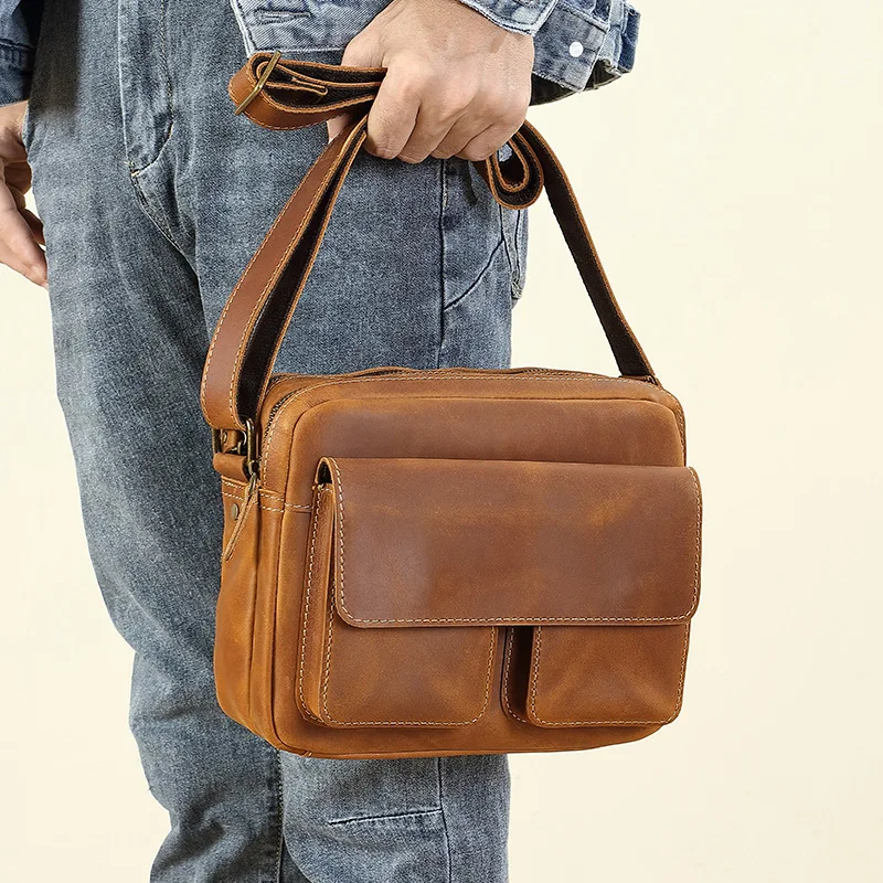

AIGUONIU Custom Logo Multifunctional Vintage Leather Men's Handbag Large Capacity Crossbody Messenger Bag Men Genuine Leather