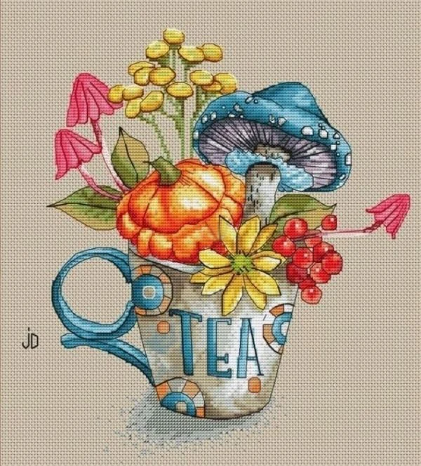 

Autumn mushroom tea cup 34-37 Embroidery,DIY 14CT Unprinted Arts Cross stitch kits Set Cross-Stitching Home Decor