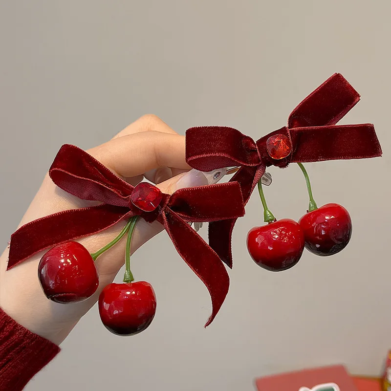 2 pieces of winter atmosphere big cherry red bowknot velvet hair clip, side clip head accessory - Detail 1