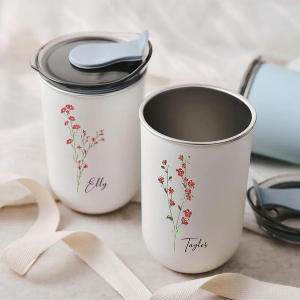 Custom Name Red Wildflower Stainless Steel Cup, Personalized Floral Print Travel Mug With Lid Customized Name Gift for Women. view 5