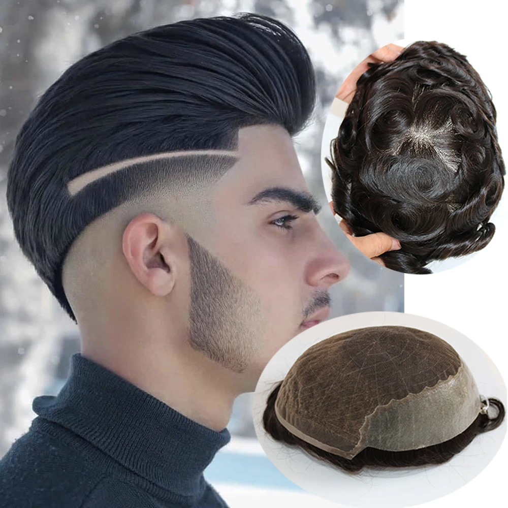 Cheper-Toupee com laço suíço e PU para homens, 100% cabelo humano, frente de renda respirável, hairpieces ultra destacáveis, ultra fino, Q6