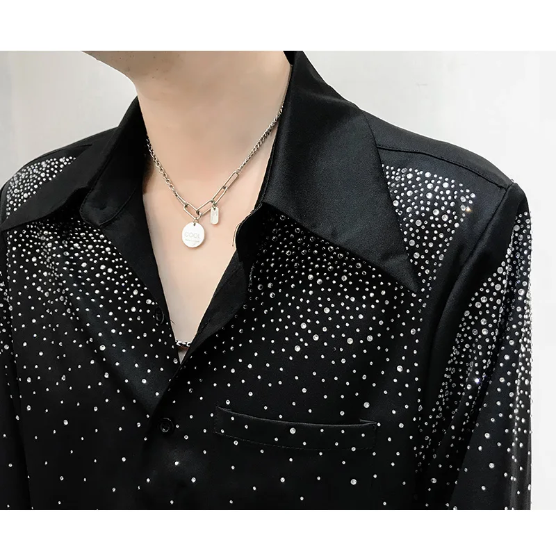 Men\'s Padded Shoulder Shirts Men\'s Handsome 2024 Spring Summer New Design Fashion Tops Loose High-End Starry Rhinestone Shirt