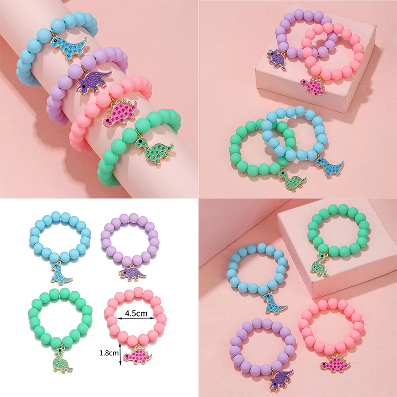 4Pack Cute Cartoon Dinosaur Charm Handmade Elastic Bracelets for Girls Jewelry Gift
