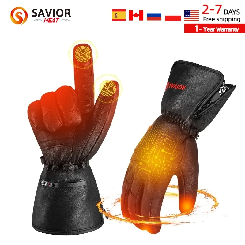 SAVIOR HEAT Leather Heated Gloves Electric Heated Ski Gloves Men Women with Rechargeable Battery Waterproof Hot Hand Heating